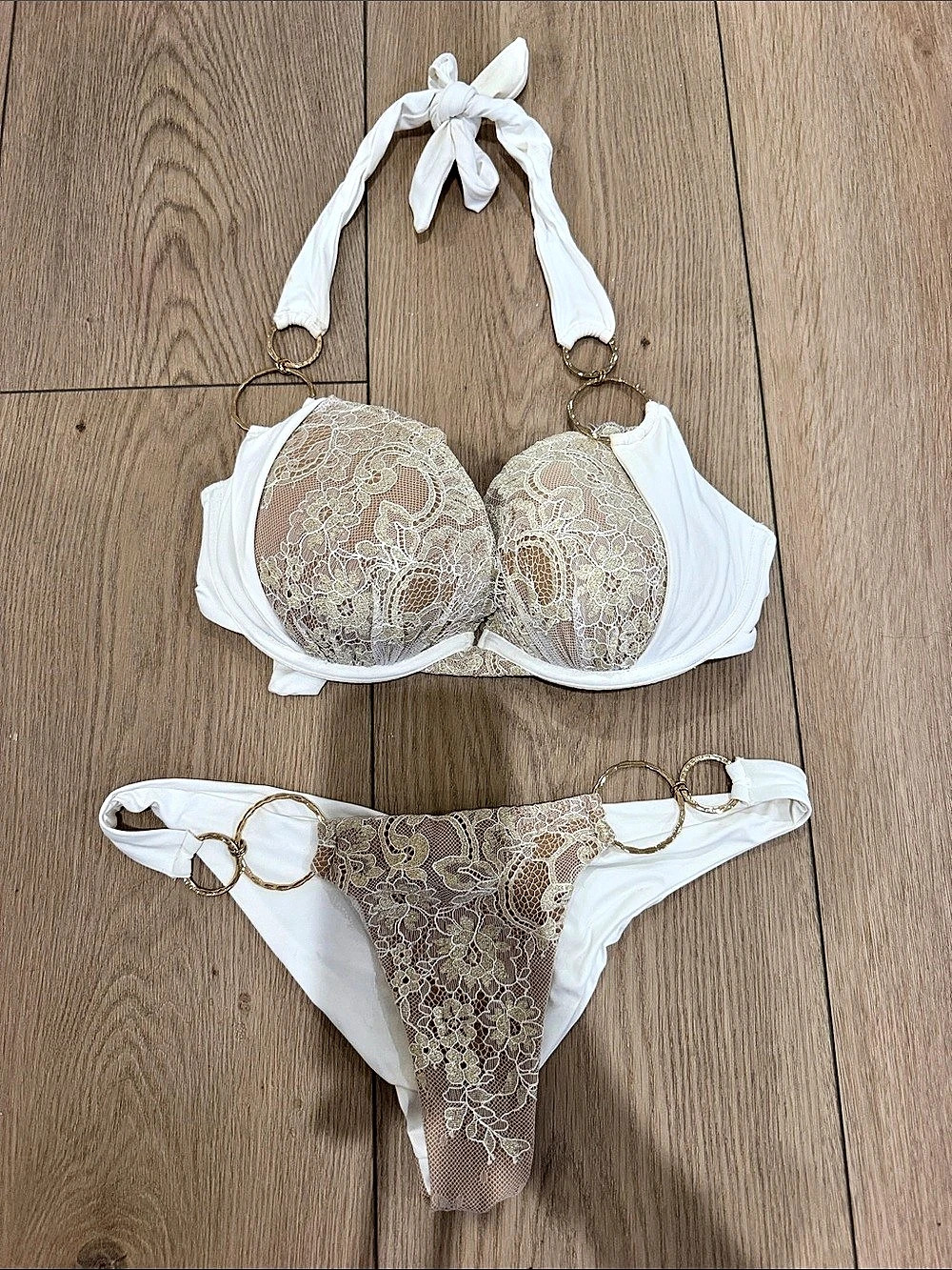 Beach Bunny Lace Bikini Set in White & Beige Size Medium